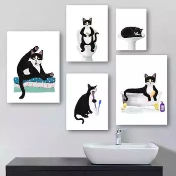 Смокинг Кот Ванная комната Настенные картины Веселый Черный и Белый Кот в ванной Холст Картина Туалет Любитель Котов Подарок Плакат Печать Декор 21x30cm No Framed