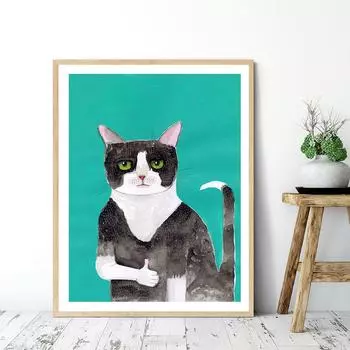 Смокинг с котом, бледный художественный принт, постер, зеленый юмор, холст, картина, любитель кошек, настенные панно для гостиной, кухни, домашний декор 21x30cm No Framed