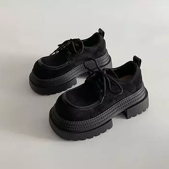 Smoky gray versatile small leather shoes women s spring new suede temperament thick-soled round head lace-up 35