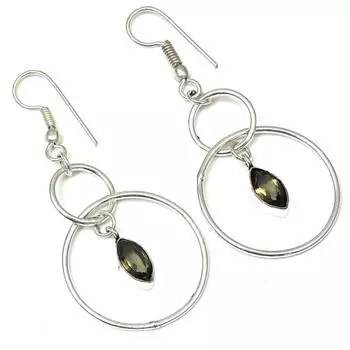 Серебряные серьги ручной работы с дымчатым кварцем и драгоценными камнями 1,5 дюйма