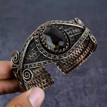 Smoky Topaz Gemstone Handmade Copper Wire Wrap Cuff Bangle Adjustable E3q71