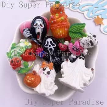 Смола Красочный 3D Мультяшный Голова Черепа Тыквы Призрак Клубничное Растение Фигурка Плоская Задняя Сторона Каменный Декор DIY Хэллоуин Скрапбукинг Поделки M 10PCS