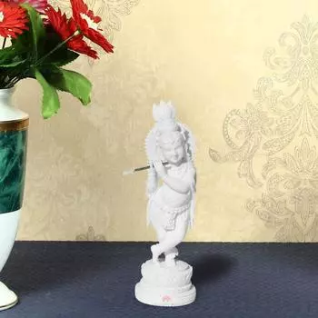 Смола Резная Кришна Играющий на Флейте 8 Дюймов белый