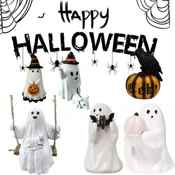 Смола тыква призрак фигурка украшение для дома жуткий призрак настольная скульптура держит розовый тыква призрак Хэллоуин домашний офис декор