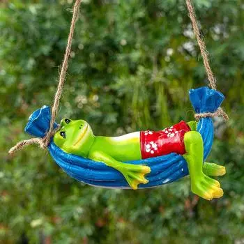Смола висит лягушка на гамаке садовые украшения для открытого балкона домашнего офиса отеля гостиной (21 х 9,5 см, ДХВ), Разноцветный