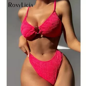 Сморщенное металлическое кольцо средней талии бикини женский купальник женский купальник из двух частей бикини комплект с подкладкой купальный костюм для плавания S белый