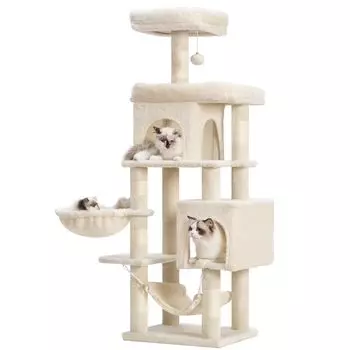 Смотровая площадка для кошек Heybly Cat Tower, домик для нескольких кошек, экономящий место, популярный стационарный гамак для больших кошек, устойчивая пеньковая веревка, заточка когтей бежевый
