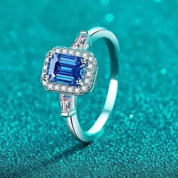 Smyoue 1 карат 5*7 мм изумрудной огранки Муассанит кольца для женщин синий/белый камень обручальные ювелирные изделия для невесты S925 серебро оптовая продажа 5.5&us size