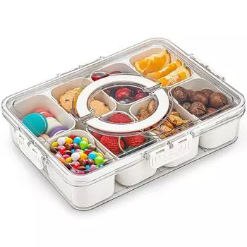 Snack Box Container, 8-compartment divider tray with lid and handle for food, snacks, nuts, fruit, picnics, travel - H-006-8 1