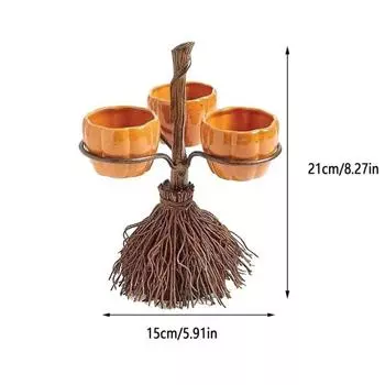 Snack Pumpkin Halloween Bowl Stand Broom Candy Holder Party Serving Salad Fruit Three