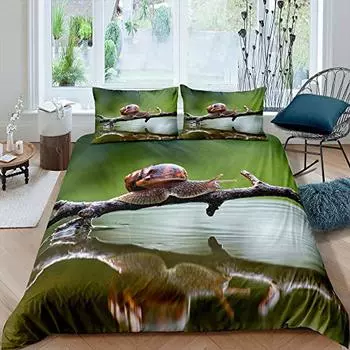 Snails Bedding Set 3pcs for Kids Boys Teens Snails on a Brnch Above The Water Comforter Cover Reptile Microfiber Duvet Cover Set 155x215cm 3pcs