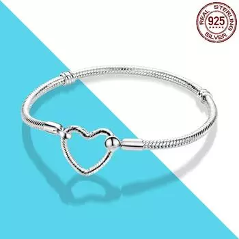 Snake Chain Heart Buckle Bracelet 925 Silver Fit For Brand Charms Bracelet DIY Fine Jewelry Making Women Gift 19cm
