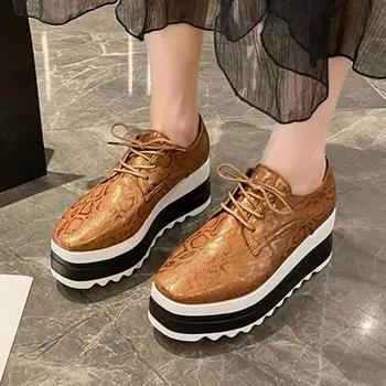 Snake Pattern Chunky Platform Sneakers Women Lace-Up Pu Leather Wedges Shoes Woman Thick Bottom Non-Slip Vulcanized Shoes Ladies 36 чёрный