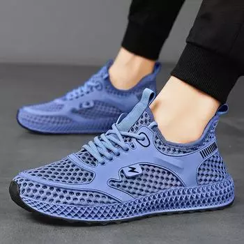 Sneakers men s 2024 summer new mesh breathable fly-woven running shoes fashionable versatile hollow casual shoes 39 синий