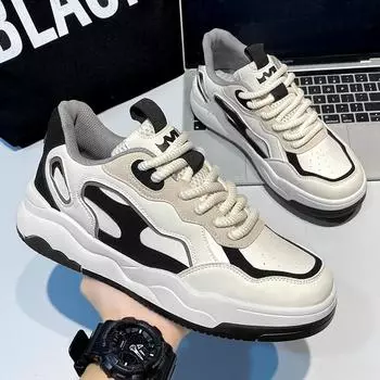 Sneakers men s new fashion sports style casual shoes leather surface double color travel shoes bold shoelaces student tide shoes 39