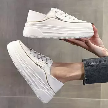 Sneakers Women New Spring Collection Leather Thick Soled Shoes Flat Bottomed Womens Shoe Breathable Dual Wear Shoes Platform 34 бежевый