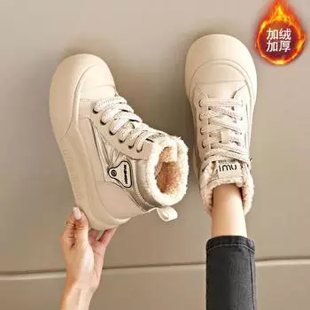 Sneakers women s 2024 new winter velvet warm thick-soled non-slip leather surface waterproof versatile casual cotton shoes women s 35 чёрный