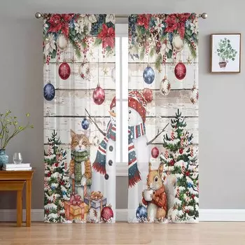 Снеговик Снежинка Рождественская елка Шар Подарок Кошка Белка Прозрачные шторы Декор комнаты Оконная занавеска Кухня Тюль Вуаль Шторы W135 x H115cm x1