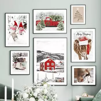 Снеговик старинный автомобиль Рождественская елка красный дом Лось настенная живопись холст картины постеры и принты настенные панно для декора гостиной A4 21X30cm No Framed