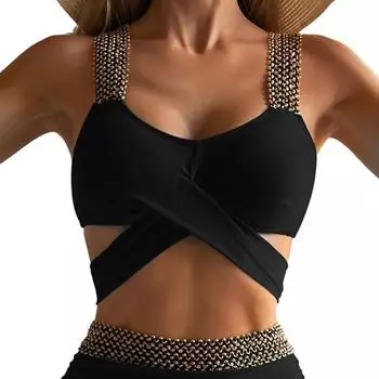 SNew крест бикини с высокой талией сплошной цвет пуш-ап купальник комплект из двух предметов модные вечерние пляжные бикини комплект для купания S чёрный