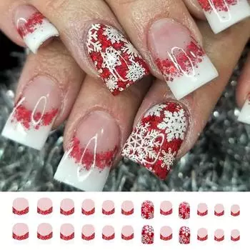 Снежинка Искусственные ногти Французский тип Накладные ногти Рождественские накладные ногти Полное покрытие Наклейки на ногти для женщин