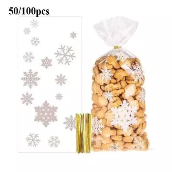 Снежинка Конфетные мешочки Рождественская Прозрачная Упаковка Печенья Попкорна Пластиковый Пакет Украшения Для Рождественской Вечеринки Подарочные Пакеты Для Детей 50pcs