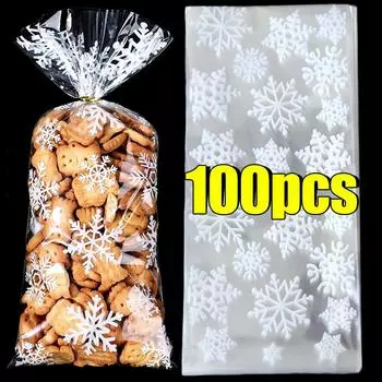 Снежинка Конфетные мешочки Рождественская Прозрачная Упаковка Печенья Попкорна Пластиковый Пакет Украшения Для Рождественской Вечеринки Подарочные Пакеты Для Детей 50pcs белый