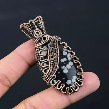 Снежинка Обсидиан Драгоценный Камень Чистая Медная Проволока Обернутая Подвеска Ручной Работы Ювелирные Изделия Для Нее 2.76 Inches чёрный