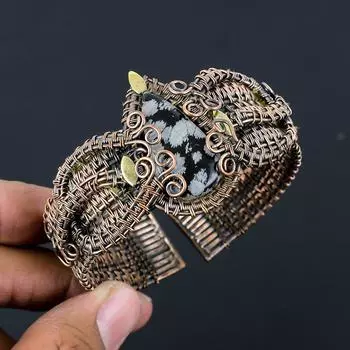 Снежинка, обсидиан, драгоценный камень, медная проволока ручной работы, регулируемый браслет для нее Adjustable чёрный