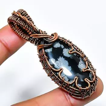 Снежинка обсидиан драгоценный камень ручная работа медная проволока обертка ювелирное изделие кулон 2.36 2.36 чёрный