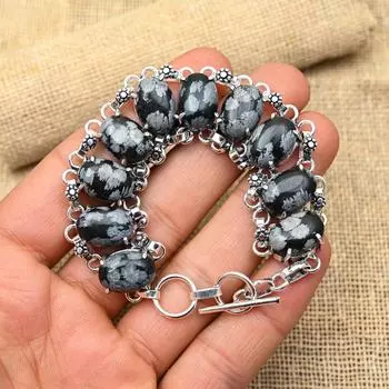 Снежинка Обсидиан Драгоценный Камень Ручной Работы Твердые Стерлингового Серебра 925 Ювелирные Изделия Удивительный Браслет Для Женщин