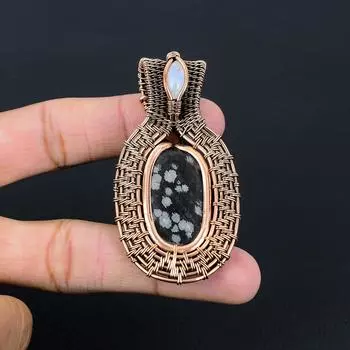 Снежинка, обсидиан и лунный камень, драгоценный камень, обертка из чистой медной проволоки, уникальный ювелирный кулон ручной работы 2.56 Inches синий