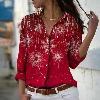 Снежинка Принт Женская Блузка Весна Осень Femme Офис Леди Рубашки На Пуговицах Отложной Воротник Рубашки XS красный