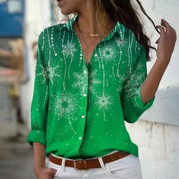 Снежинка Принт Женская Блузка Весна Осень Femme Офис Леди Рубашки На Пуговицах Отложной Воротник Рубашки XS красный
