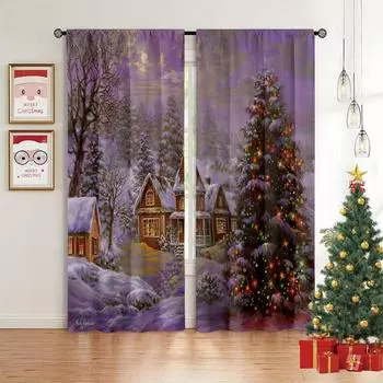 Снежная сцена Картина маслом Рождественская елка Печатные шторы Спальня Ресторан Новый год Праздничная вечеринка Декоративные шторы 2 шт. W50xH140(CM)x2PCS&Rod pocket