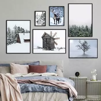 Снежное Шале Кедр Сосновый Лес Плакат с Оленем Скандинавское Настенное Искусство Зимний Пейзаж Картина Печать Холст Картина Комната Домашний Декор Cuadros 21x30cm No Framed