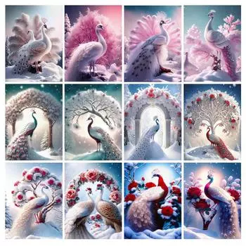 Снежные павлины, цветы, алмазная живопись, новые поступления, зимние пейзажи, сделай сам, полная квадратная круглая дрель, стразы, вышивка, животные, наборы мозаики AA4775 Square drill 30x40cm