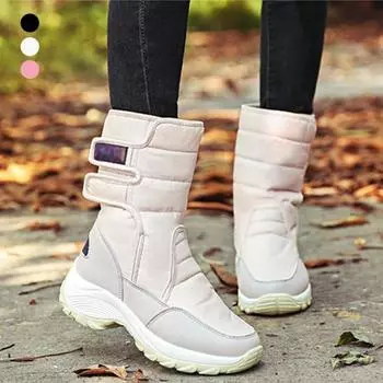 Снежные сапоги, женские плюшевые ботинки из искусственной кожи, противоскользящие теплые зимние туфли до середины икры с волшебной лентой 35 чёрный
