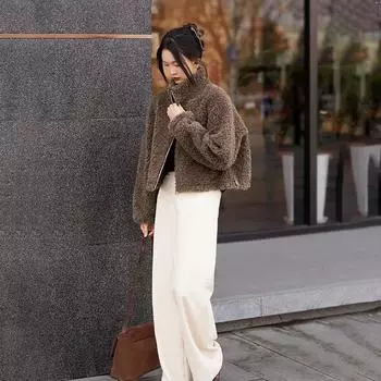 Снижение возраста темперамент воротник-стойка стрижка овец экологически чистый мех полупальто женское зимнее новое овечья шерсть гранулированный топ S80-52.5kg темно-коричневого