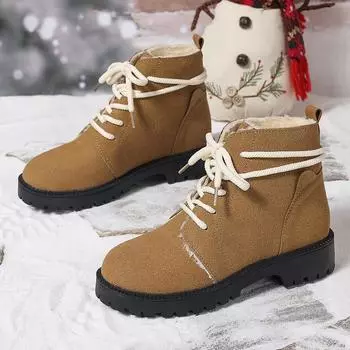 Snow boots 2024 autumn and winter new large size solid color front lace-up non-slip waterproof piled thickened low tube cotton shoes 35 имбирный