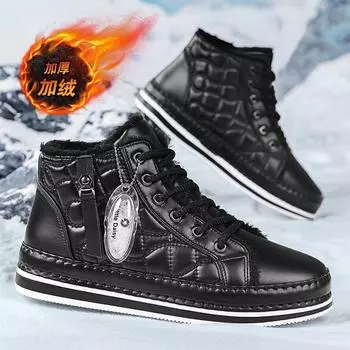 Snow boots men s thermal velvet cotton shoes men s winter 2024 new versatile high-top men s shoes casual trendy shoes black 39