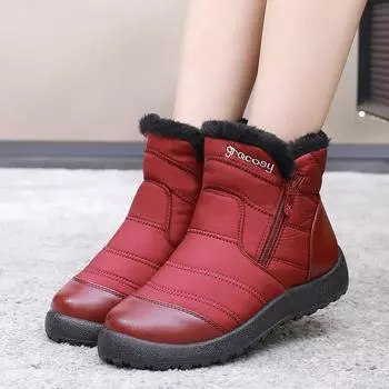 Зимние ботинки с боковой молнией из хлопка, средние водонепроницаемые зимние ботинки из зонтичной ткани, женские хлопковые ботинки, большой размер 43 35 красный