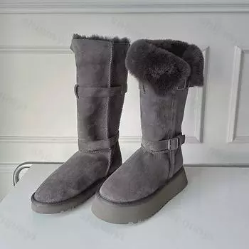 Зимние сапоги женские сапоги на плоской подошве женские модные туфли с пряжкой и круглым носком новинка 2024 года зимняя обувь удобные теплые хлопковые сапоги 35 серый