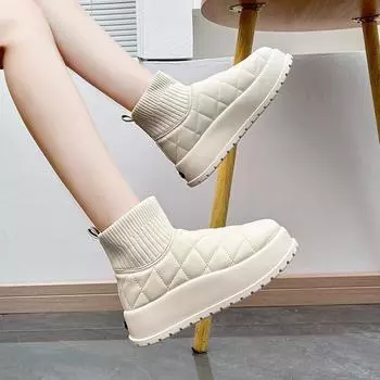 Snow boots women s 2024 new winter short tube warm, piled and thickened knitted high-top thick-soled cotton shoes HZ001 35 бежевый
