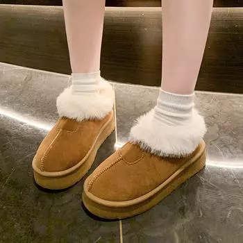 Зимние ботинки женские 2024 года, новые женские туфли на толстой подошве с ворсом, утолщенные, с одной педалью, со встроенной кожей и мехом, теплые ботинки для хлеба 35 чёрный