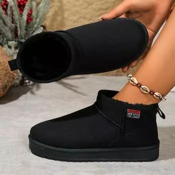 Snow boots women s 2024 winter new retro simple large size foreign trade velvet cotton shoes student flat-soled short cotton boots 36 чёрный