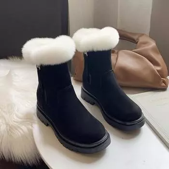 Snow Boots Women s Fur Winter 2024 New Zipper Plus Velvet Women Shoes Comfortable Warm Booties Female Non-slip Platform Boots 35 чёрный