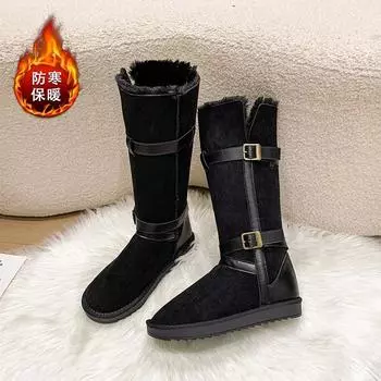 Snow boots women s winter 2024 new plush thickened plush cotton shoes one-word buckle thick-soled fluffy shoes 35 чёрный