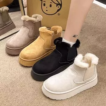 Snow boots women s winter warm student large size cotton shoes women s shoes 2024 new solid color elastic band flat bottom short cotton boots 36 чёрный