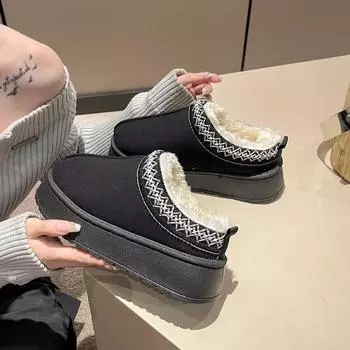 Snow cotton slippers women wear 2024 new winter muffin bottom bag head half slippers velvet one pedal snow shoes 36 чёрный